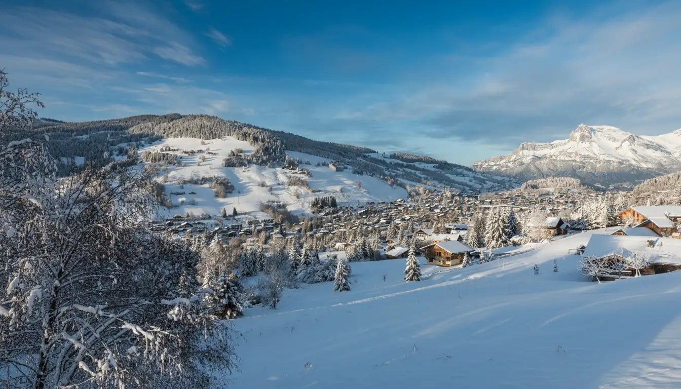 Village de Megève avec vue panoramique sur le Mont-Blanc en hiver - immobilier de prestige Haute-Savoie