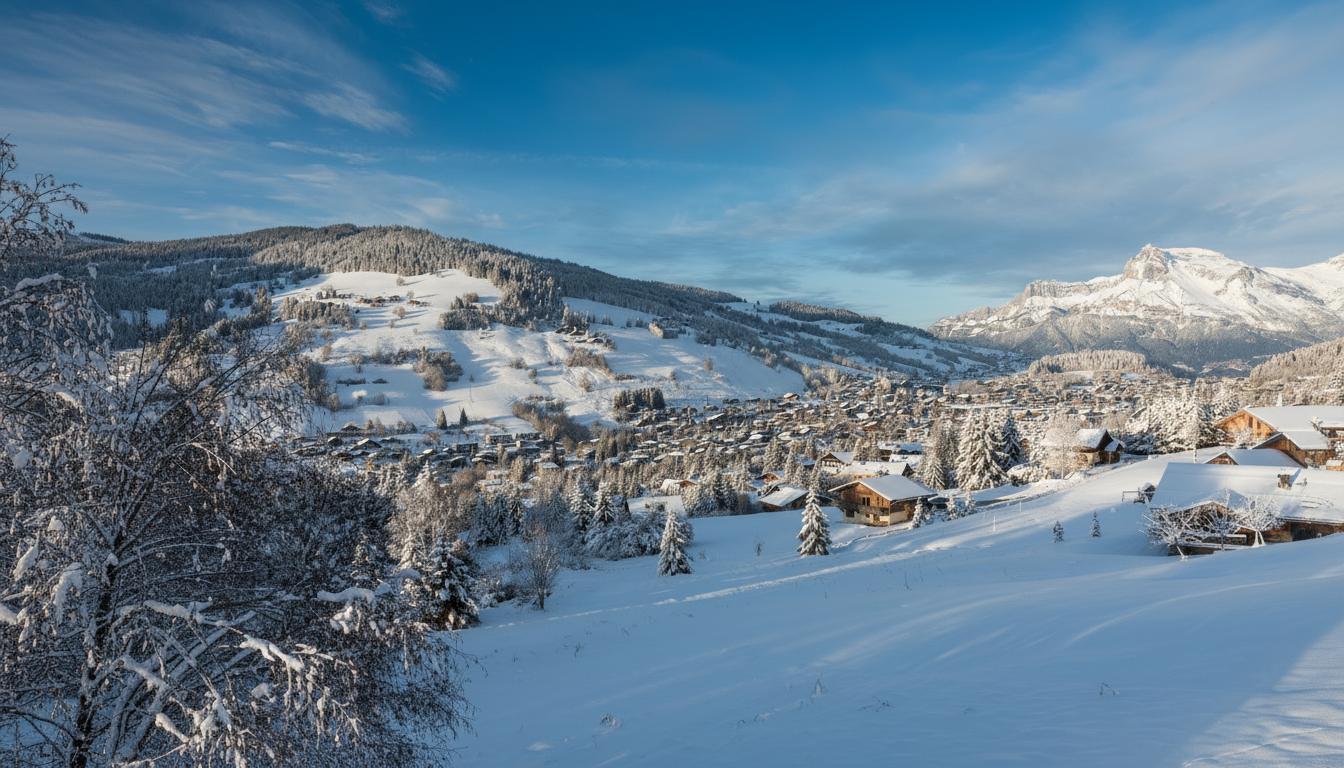 Panorama du village de Megève et du Mont-Blanc en hiver - immobilier de prestige