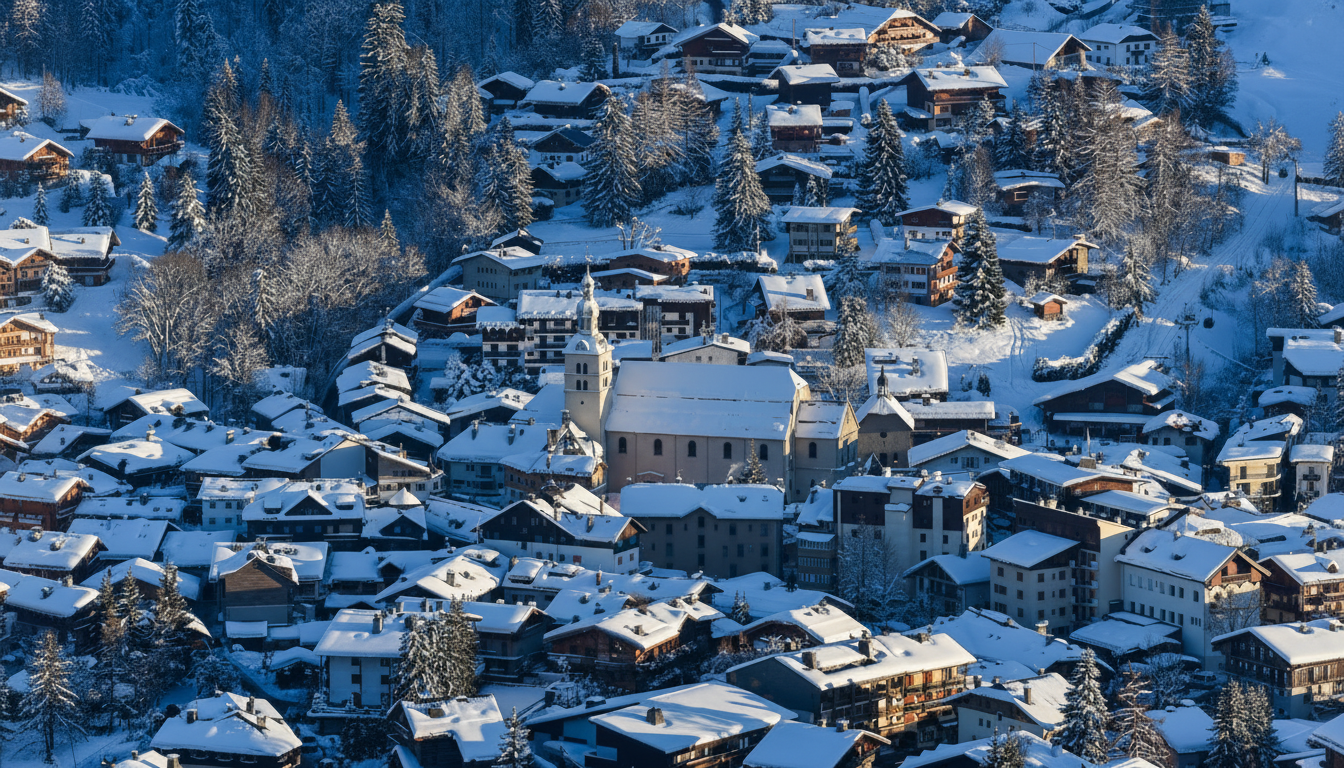 Centre du village de Megève sous la neige - immobilier de prestige off-market